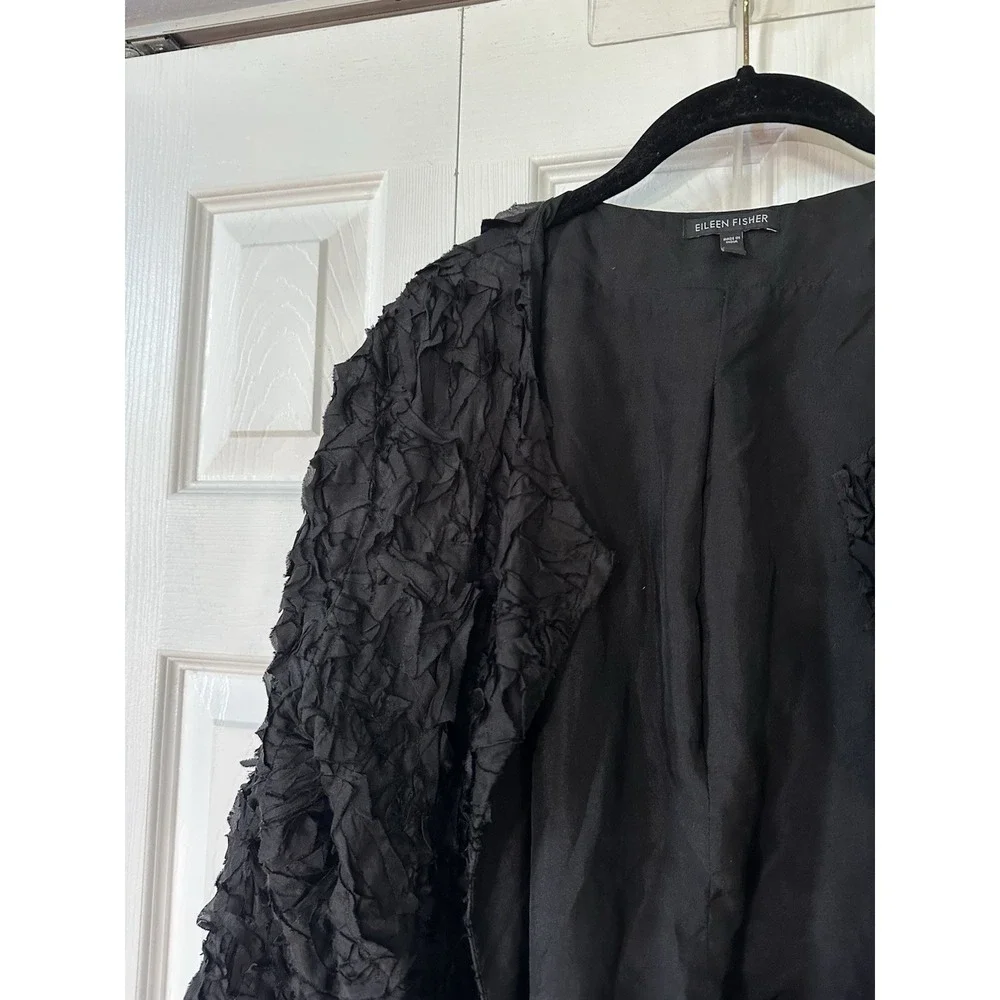 Eileen Fisher Black Textured Crinkle 100% Silk Cropped Jacket sz L